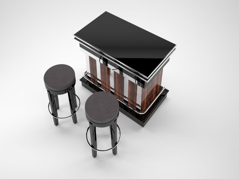 Makassar und Klavierlack Design Bar mit Chromstangen und Hocker in Leder