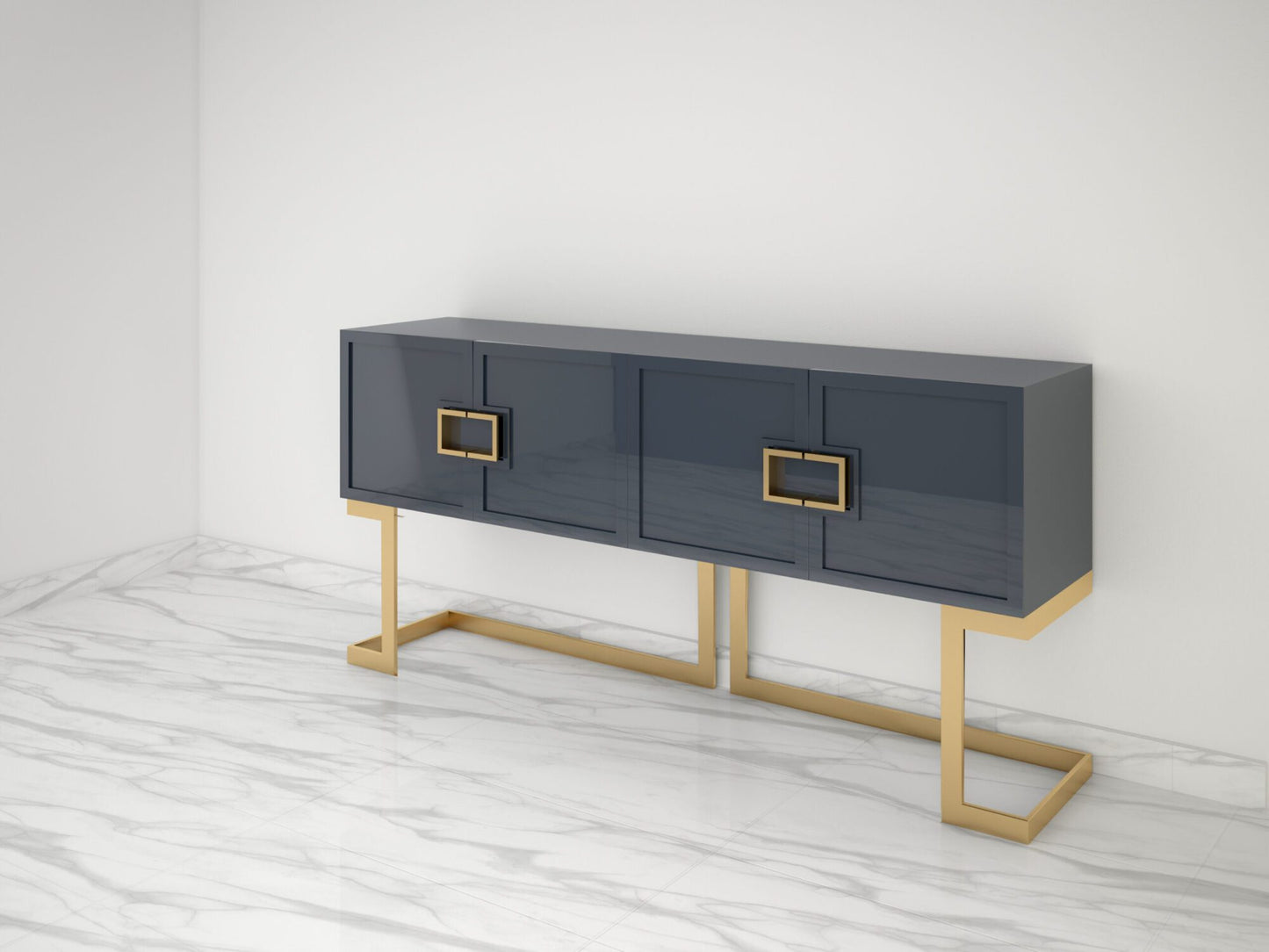 Graues Design Sideboard Buffet mit polierten Messing-Beinen