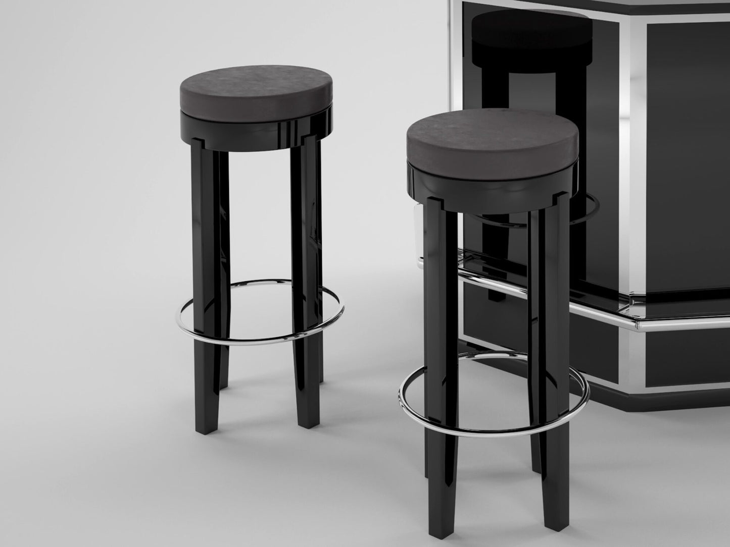 Schwarze Art Deco Bar mit Chromapplikationen