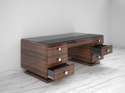 Makassar Art Deco Design Schreibtisch - Schwarze Glasplatte