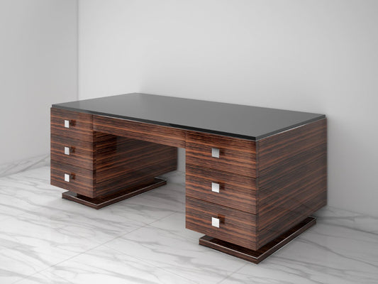 Makassar Art Deco Design Schreibtisch - Schwarze Glasplatte