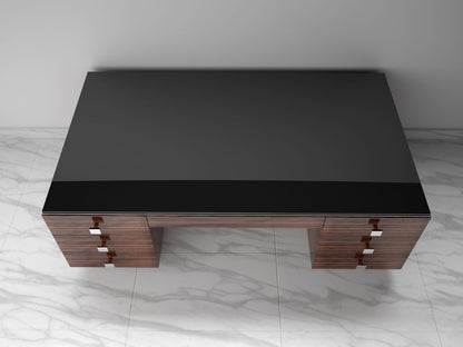 Makassar Art Deco Design Schreibtisch - Schwarze Glasplatte