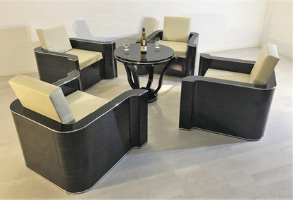 4 Art Deco Sessel mit Armlehnen aus Makassar und Beistelltisch