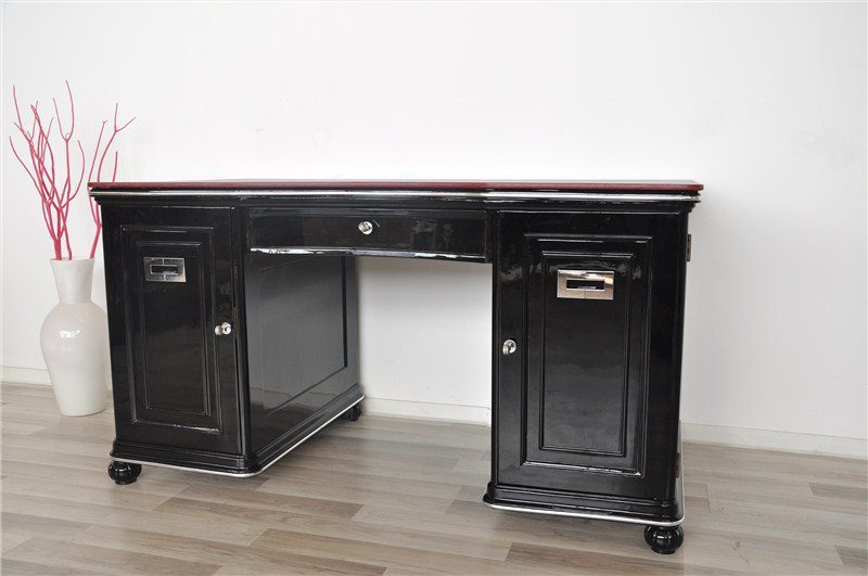 Art Deco Schreibtisch mit bordeauxroter Lederplatte