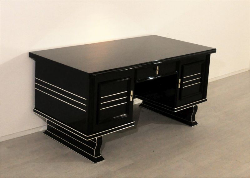 Art Deco Schreibtisch Klavierlack mit Chromleisten