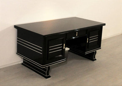 Art-Deco-Schreibtisch mit Klavierlackierung und Chromstangen