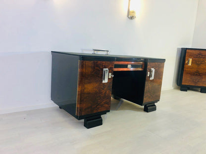 Originaler Art-Deco-Schreibtisch aus den 1920er Jahren mit Alcantara-Leder