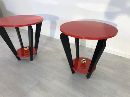 Pärchen Rot & Schwarzer Beistelltische im Art Deco Design