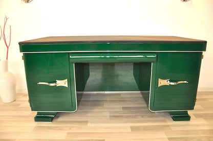 Grüner Art-déco-Schreibtisch mit Lederplatte
