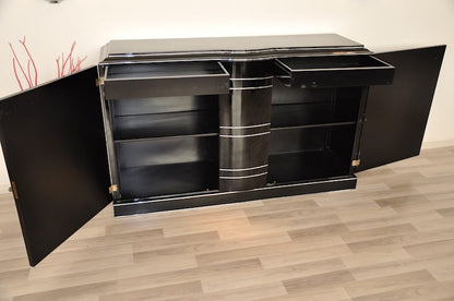 Schwarzes Art-Deco-Sideboard und Chromeliner