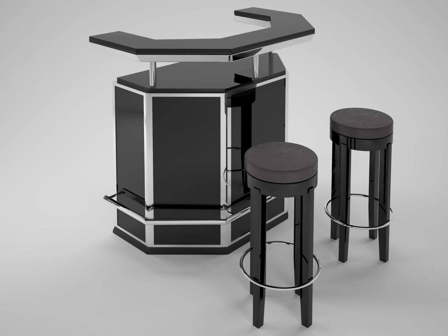 Schwarze Art Deco Bar mit Chromapplikationen