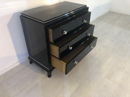 Schwarze Art Deco Kommode mit Chromgriffen
