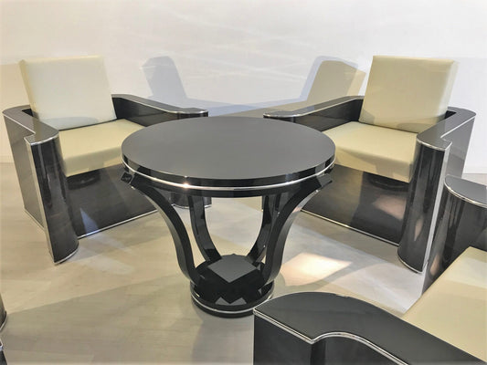 4 Art Deco Sessel mit Armlehnen aus Makassar und Beistelltisch