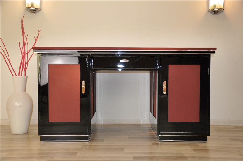 Schreibtisch im Art-déco-Stil mit rotem Lederbezug