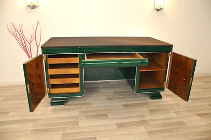 Grüner Art-déco-Schreibtisch mit Lederplatte