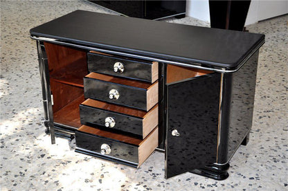 Art Deco Kommode mit Lederplatte mit vier Schubläden