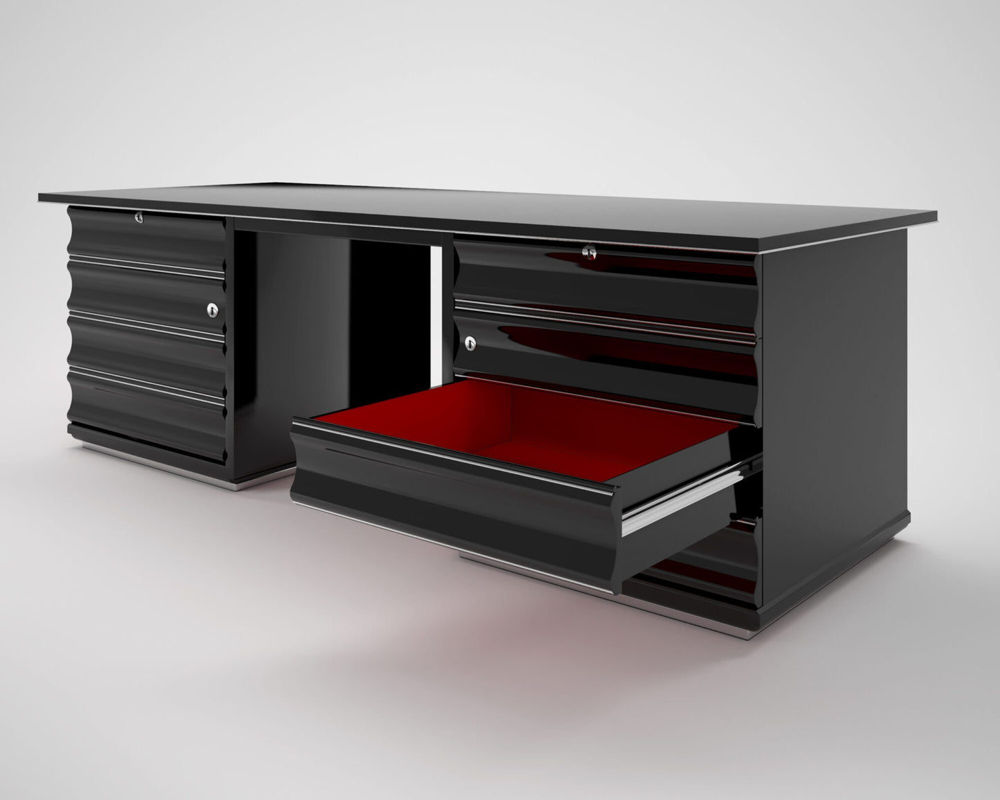 Schwarzer Art Deco Schreibtisch mit Roten Schubladen