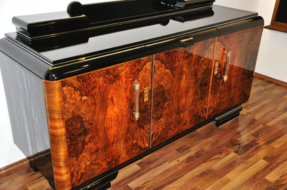 Original 1920er Art Deco Sideboard Wurzelholz mit Messinggriffen