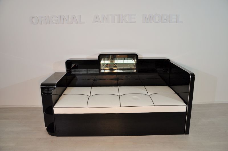 Schwarzes Art-Deco-Tagesbett mit Spiegelfach