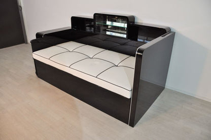 Großes Art Deco Daybed mit Spiegelfach in Hochglanzschwarz