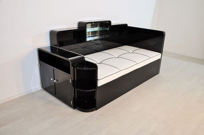 Schwarzes Art-Deco-Tagesbett mit Spiegelfach