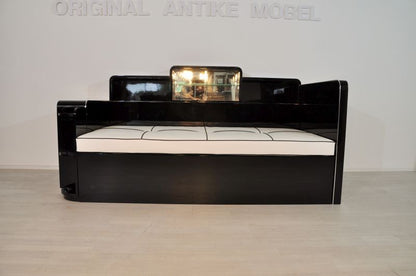 Schwarzes Art-Deco-Tagesbett mit Spiegelfach