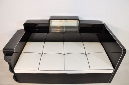 Großes Art Deco Daybed mit Spiegelfach in Hochglanzschwarz