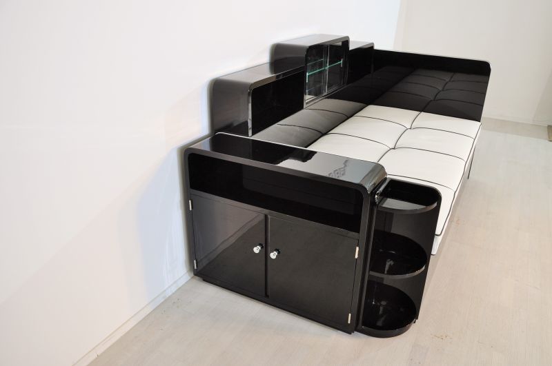 Schwarzes Art-Deco-Tagesbett mit Spiegelfach