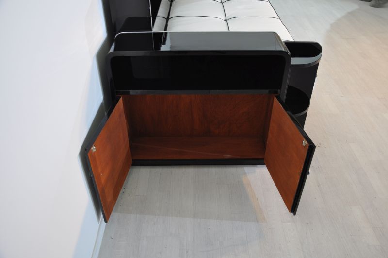 Großes Art Deco Daybed mit Spiegelfach in Hochglanzschwarz
