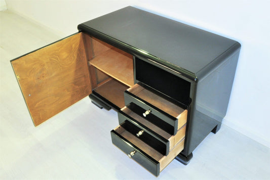 Hochglanz-Schwarze Art Deco Kommode mit Tür