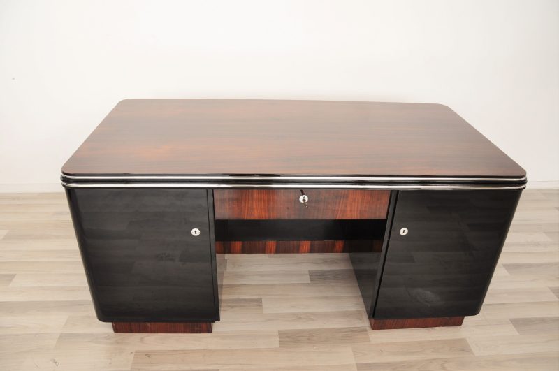 Palisander Art Deco Schreibtisch mit Chromleisten