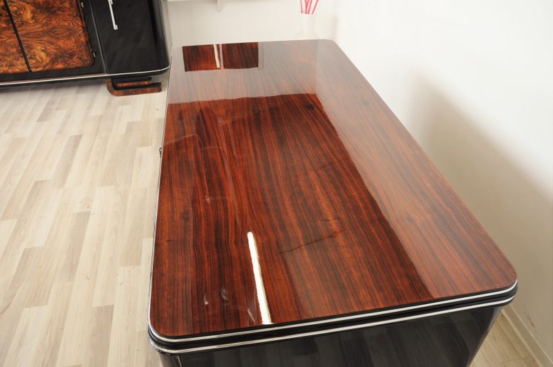 Palisander Art Deco Schreibtisch mit Chromleisten