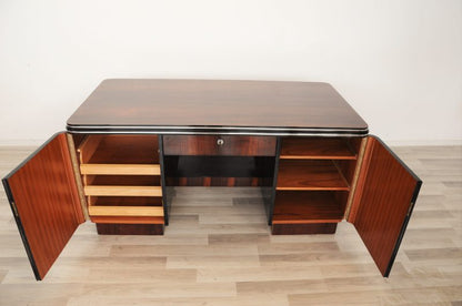 Palisander Art Deco Schreibtisch mit Chromleisten