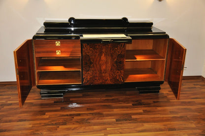 Original 1920er Art Deco Sideboard Wurzelholz mit Messinggriffen