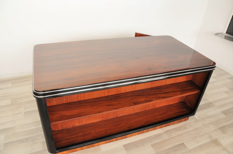 Palisander Art Deco Schreibtisch mit Chromleisten