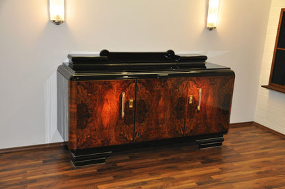 Original 1920er Art Deco Sideboard Wurzelholz mit Messinggriffen