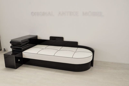 High-Gloss Black Art Deco Daybed from France with a White Leather Mattress