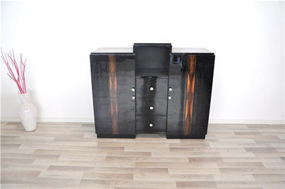 Hochglanzschwarze Art Deco Kommode mit Walnussdetails