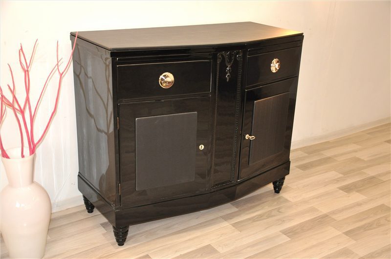 Schwarze Art Deco Kommode mit Lederapplikationen