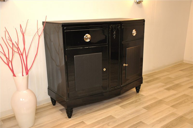 Schwarze Art Deco Kommode mit Lederapplikationen