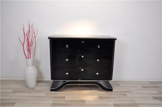 Art Deco Kommode mit geschwungenem Fuss in Hochglanz-Schwarz