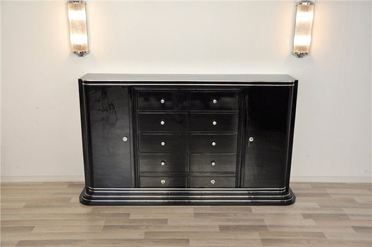 Schwarzes Art-Deco-Highboard mit zehn Schubladen