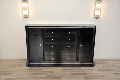 Schwarzes Art-Deco-Highboard mit zehn Schubladen
