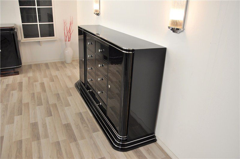 Schwarzes Art-Deco-Highboard mit zehn Schubladen