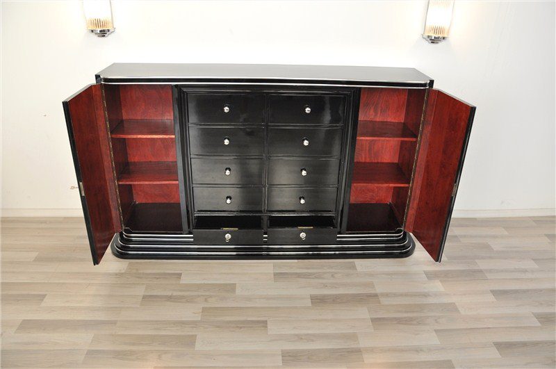 Schwarzes Art-Deco-Highboard mit zehn Schubladen