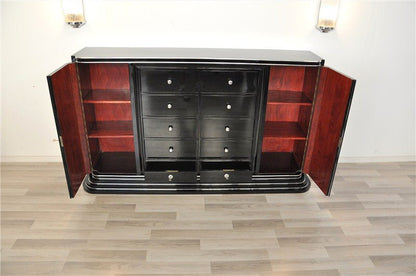Schwarzes Art-Deco-Highboard mit zehn Schubladen