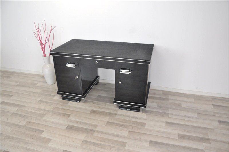 Belgischer schwarzer Art Deco Schreibtisch mit Lederplatte
