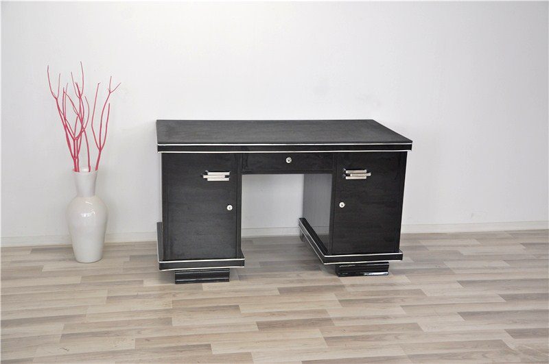 Belgischer schwarzer Art Deco Schreibtisch mit Lederplatte
