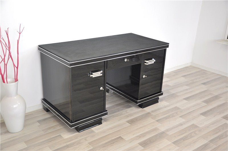 Belgischer schwarzer Art Deco Schreibtisch mit Lederplatte
