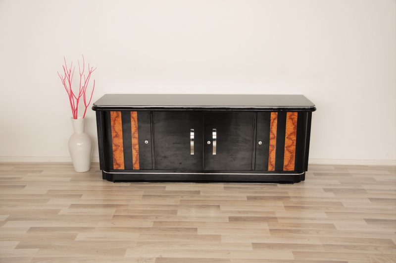 Art-Deco-Nussbaum-Lowboard mit Klavierlack
